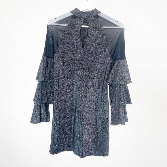 BCBGeneration Tiered Sleeve Mesh Panel Black Metallic Sparkle Dress XS NWT - Picture 7 of 11